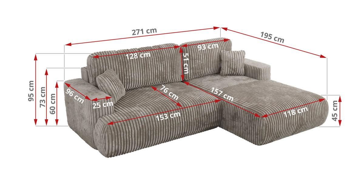 ECKSOFA OVO L Hellbraun Cord - Links Seite - Hellbraun/Schwarz, Kunststoff/Textil (271/195cm) - MKS
