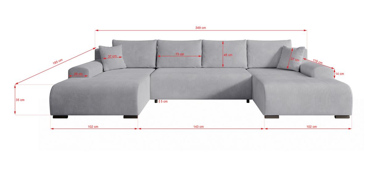 WOHNLANDSCHAFT Nelly U mit Bettkasten und Schlaffunktion, Cordstoff in U-Form - Grau, Textil (349/80/185cm)