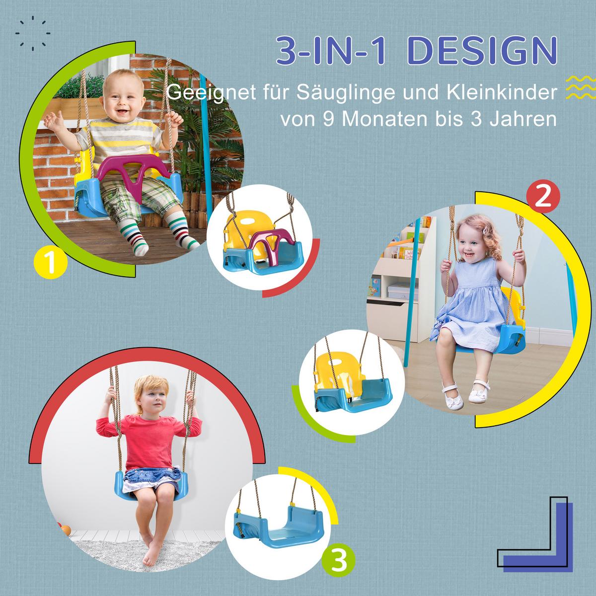 3-IN-1 Babyschaukel, Kinderschaukel mit verstellbarem Seil, Schaukelsitz, Blau - Multicolor, Kunststoff (33/42cm) - Outsunny