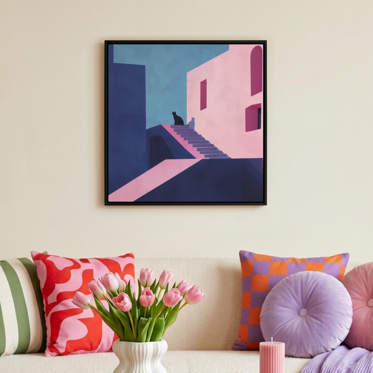 LEINWAND Bilder mit Rahmen - Katze - Treppe - Gebäude - Schattenkontraste - 50x50 - Dunkelblau, Textil (50/50cm) - MuchoWow