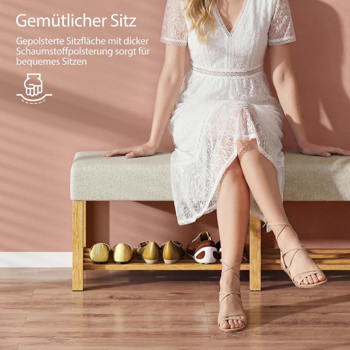SCHUHBANK Kautschukholz Polyester Cremeweiß - Creme, Holz (140/48/44cm) - HOMCOM