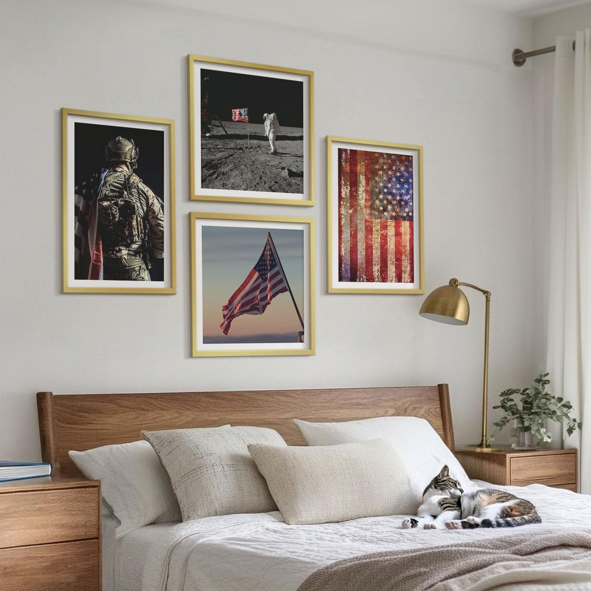 BILDER SET 4er Set - 50x50 cm & 40x60 cm Goldrahmen - Amerikanische Symbole, USA-Flagge - Goldfarben, Kunststoff (50/50cm) - TULUP