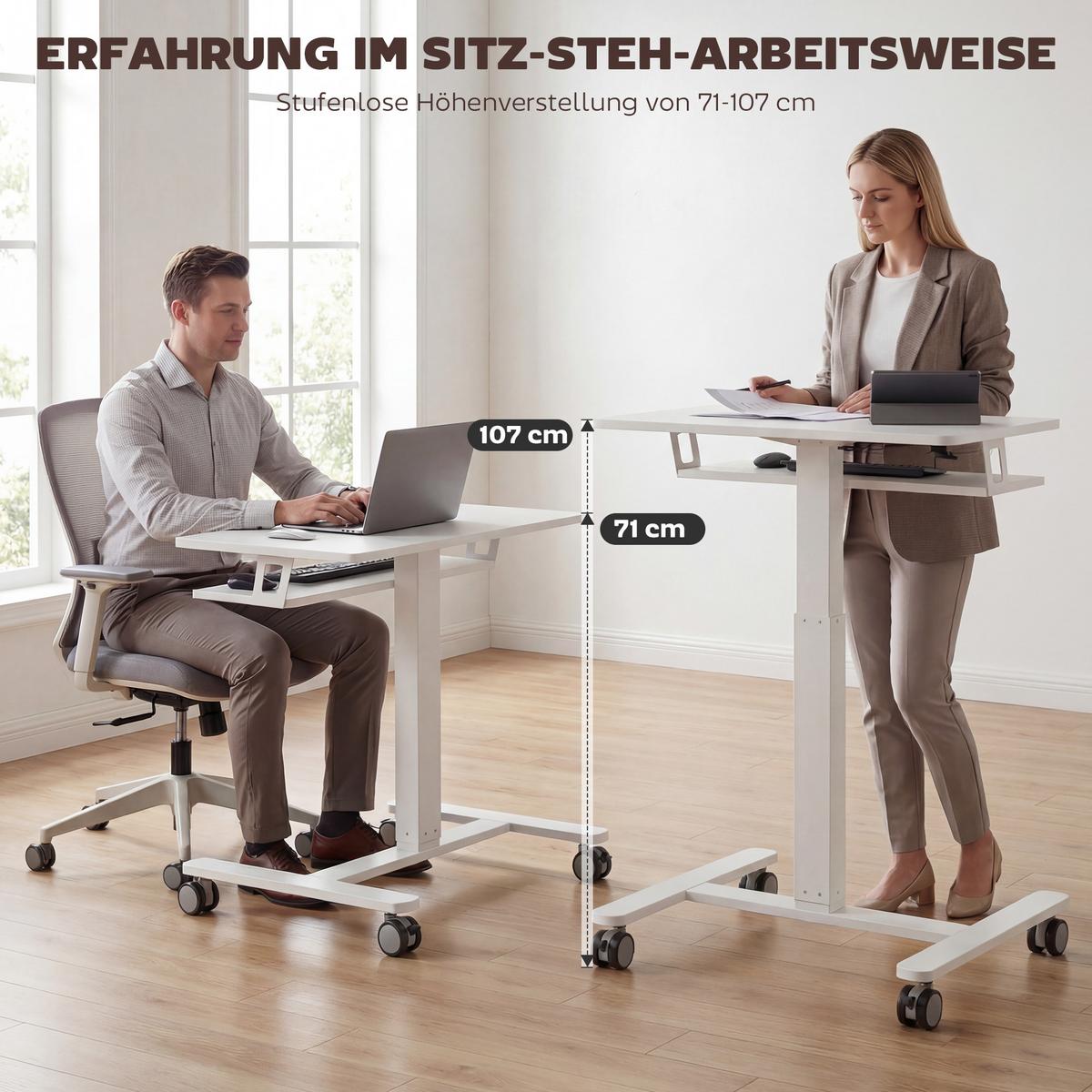 LAPTOPTISCH mit Rollen MDF Stahl Weiß - Weiß, Holzwerkstoff/Metall (65/60/107cm) - HOMCOM