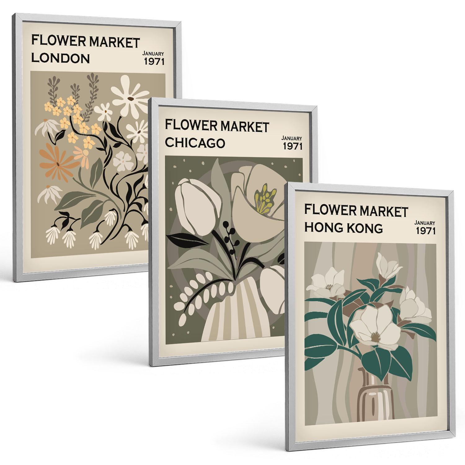 BILDER SET 3er Set - 40x60 cm Silberner Rahmen - Blumenmessen London Chicago Hongkong - Silberfarben, Kunststoff (40/60cm) - TULUP