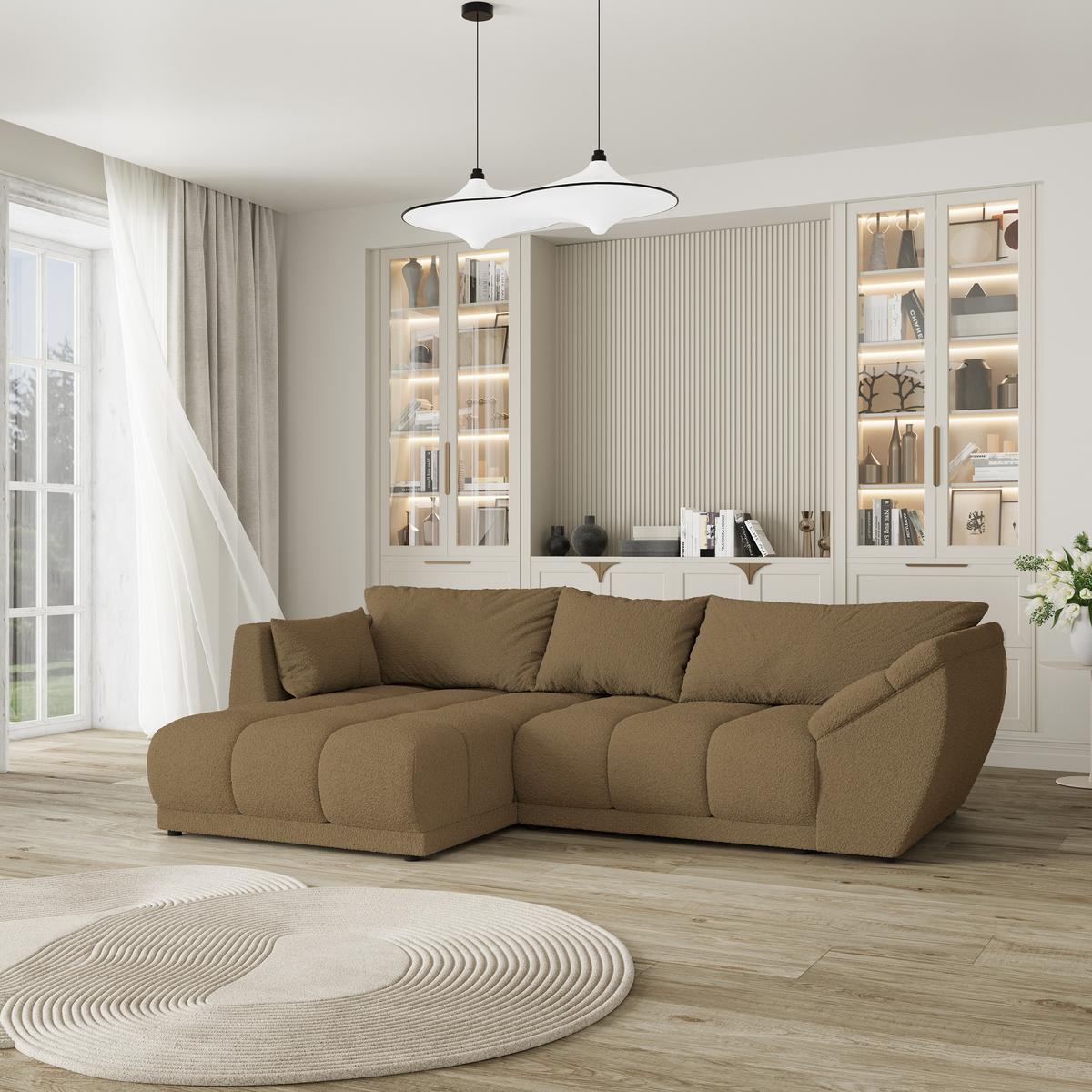 ECKSOFA ORENTI L-S Orange Boucle-Stoff mit Schlaffunktion - Orange, Holz (287/182cm) - MASSENO