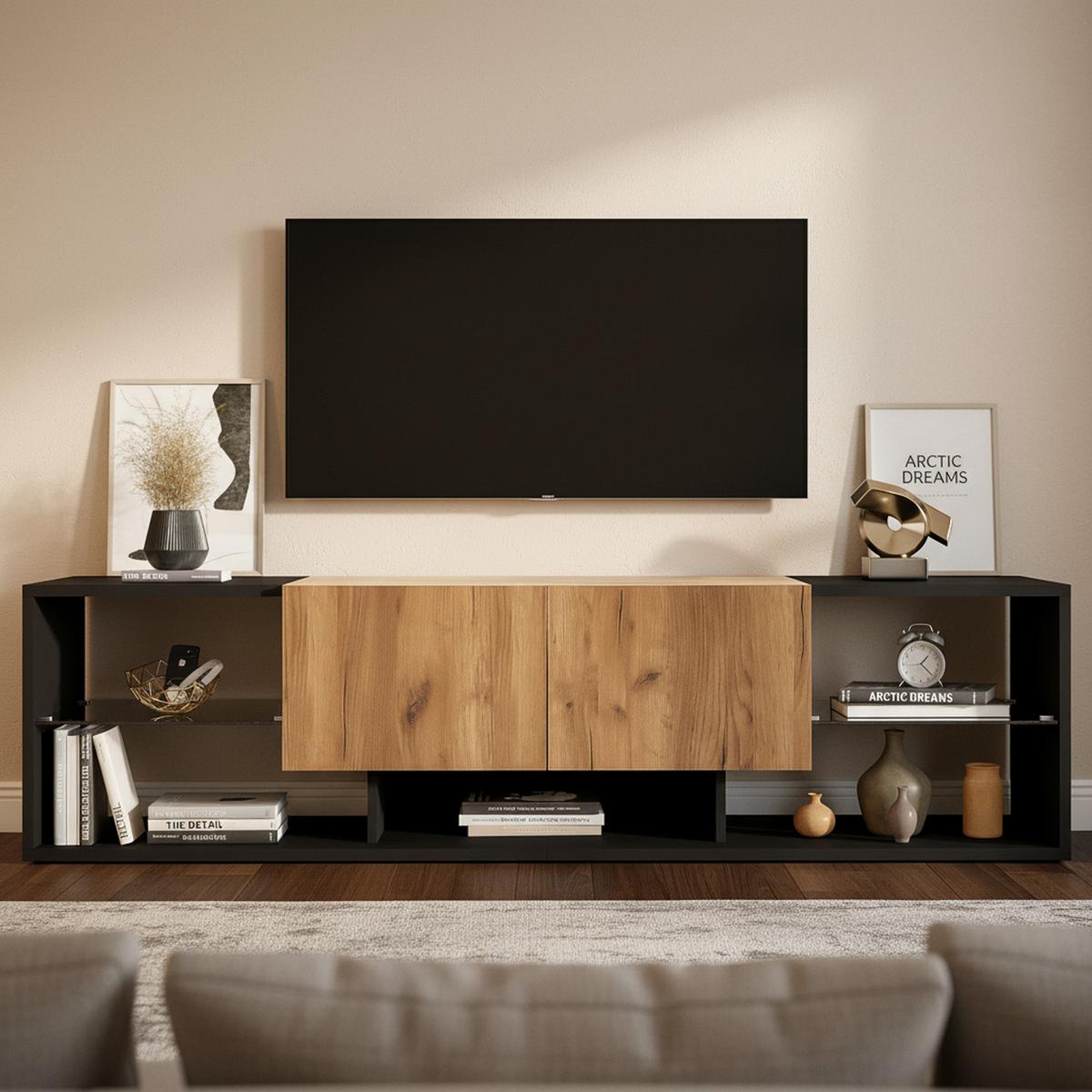 TV-SCHRANK in Schwarz & Natur mit LED - Eichefarben, Holzwerkstoff (160/42/40cm) - Urban Meuble