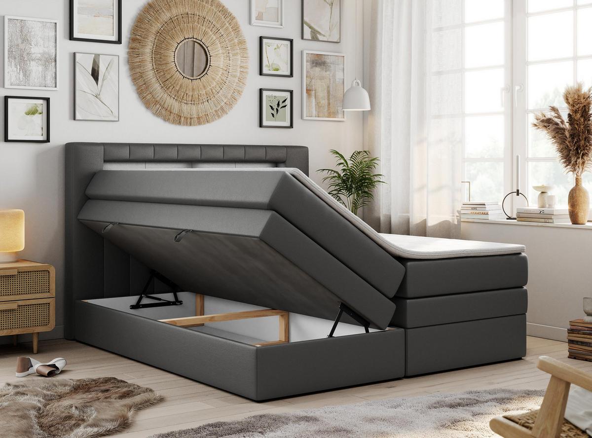 BOXSPRINGBETT GOLD-5 KING LED 180/200 Dunkelgrau Kunstleder - H3 - Dunkelgrau, Holz/Textil (180/200cm) - MKS