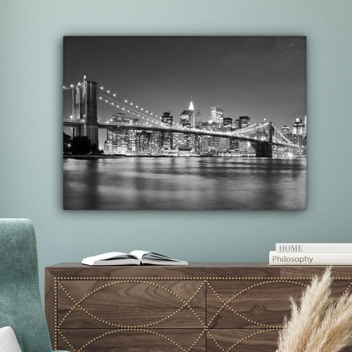 LEINWANDBILD New York - Brücke - Brooklyn - Schwarz und weiß - Architektur Wandbilder 80x60 cm - Schwarz, Textil (80/60cm) - MuchoWow