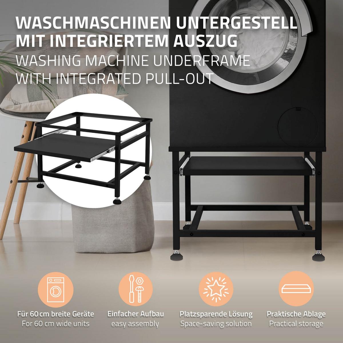 WASCHMASCHINEN UNTERGESTELL mit Ablage ausziehbar Schwarz 62,5x50,1x40,5 cm - Schwarz, Metall (50.1/40.5/62.5cm) - ML-DESIGN