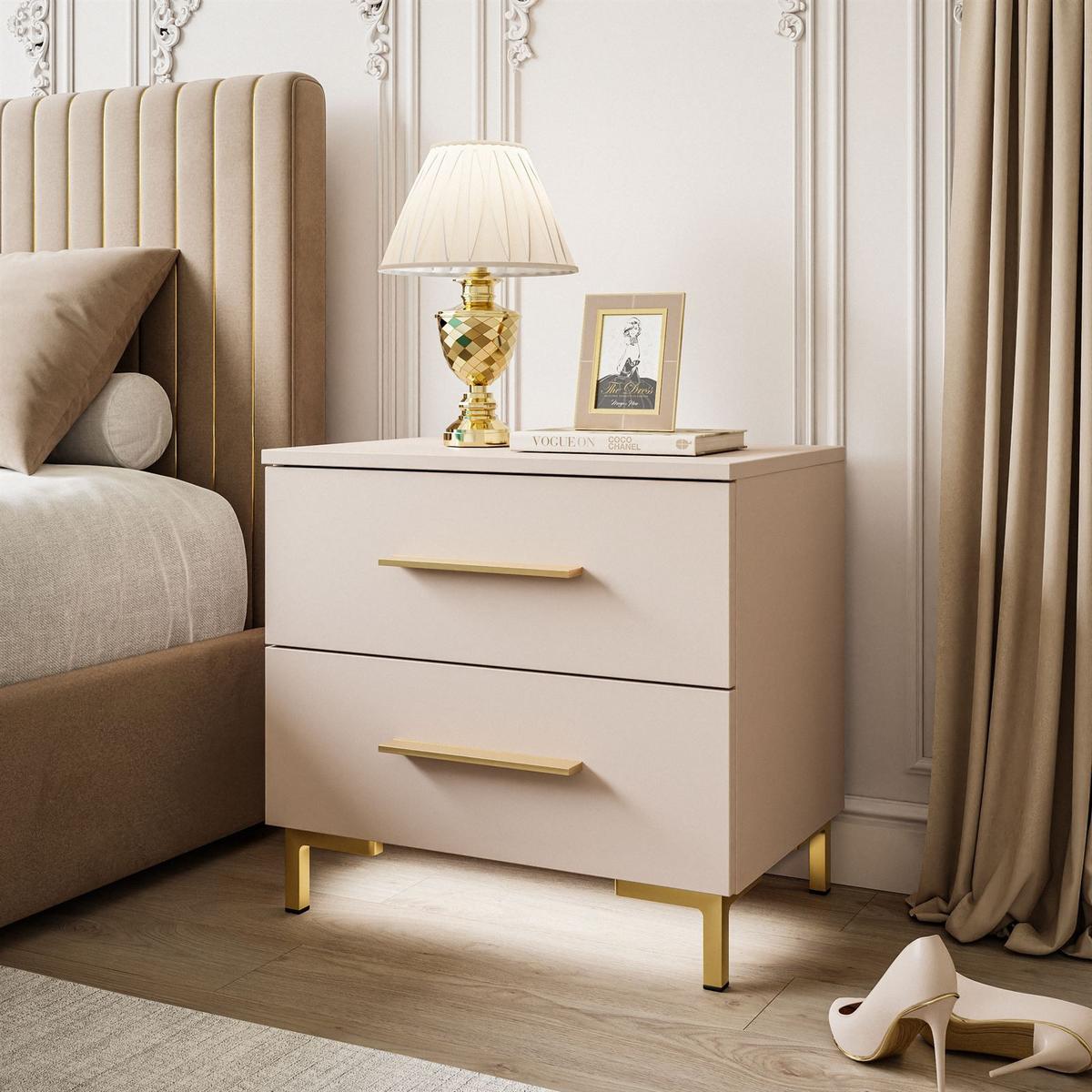 NACHTTISCH LINA KASCHMIR mit LED-Beleuchtung, goldenen Beinen und Griffen - Kaschmir/Goldfarben, Holzwerkstoff (55/52/37cm) - Lookway