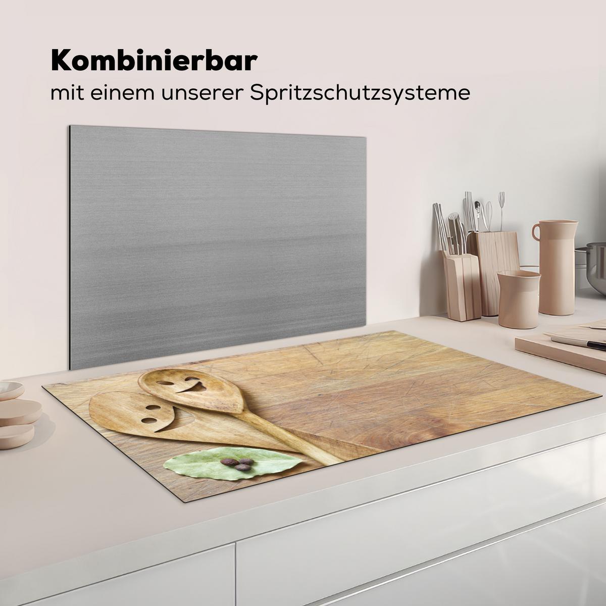 HERDABDECKPLATTE Holz - Löffel - Braun - Smiley Induktionsschutz 91.2x52 cm - Hellbraun, Kunststoff (91.2/52/0.2cm) - MuchoWow