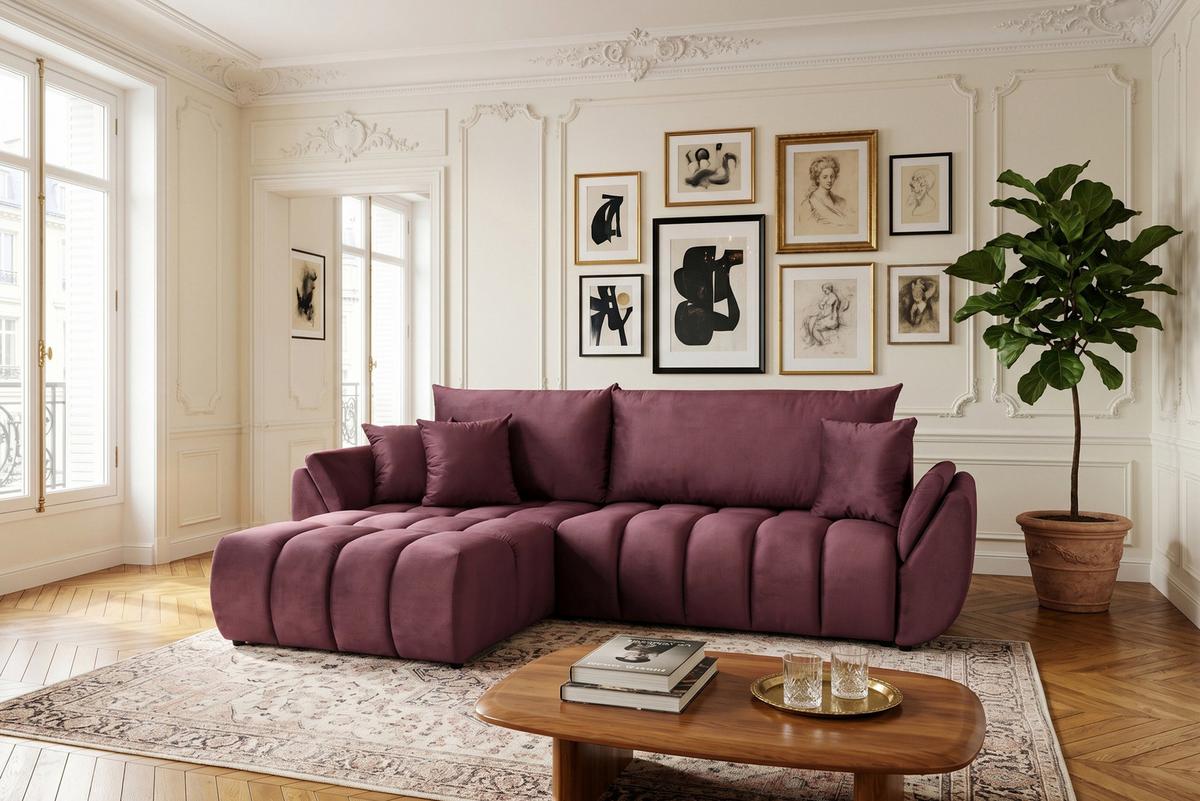 ECKSOFA Iris mit Schlaffunktion und Bettkasten, links oder rechts montierbar – Bordeaux Samt 280/184/85 cm - Bordeaux/Schwarz, Kunststoff/Textil (280/184cm) - WFL GROUP