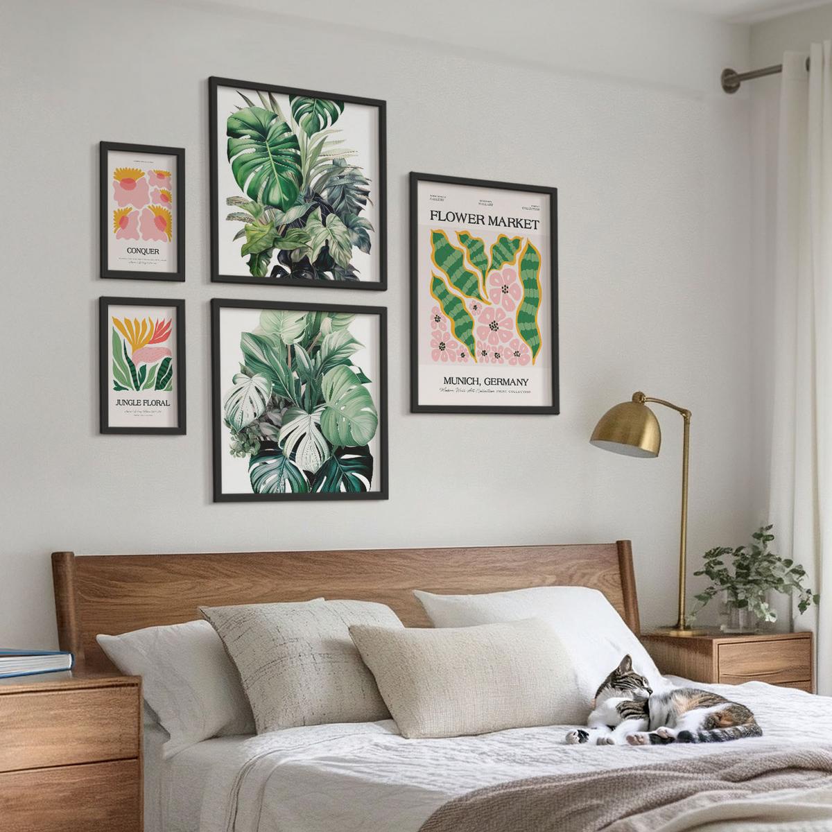 BILDER SET 5er Set - 50x50 cm & 20x30 cm & 40x60 cm Schwarzer Rahmen - Blumen und Blätter – moderne Poster - Schwarz, Kunststoff (40/60cm) - TULUP