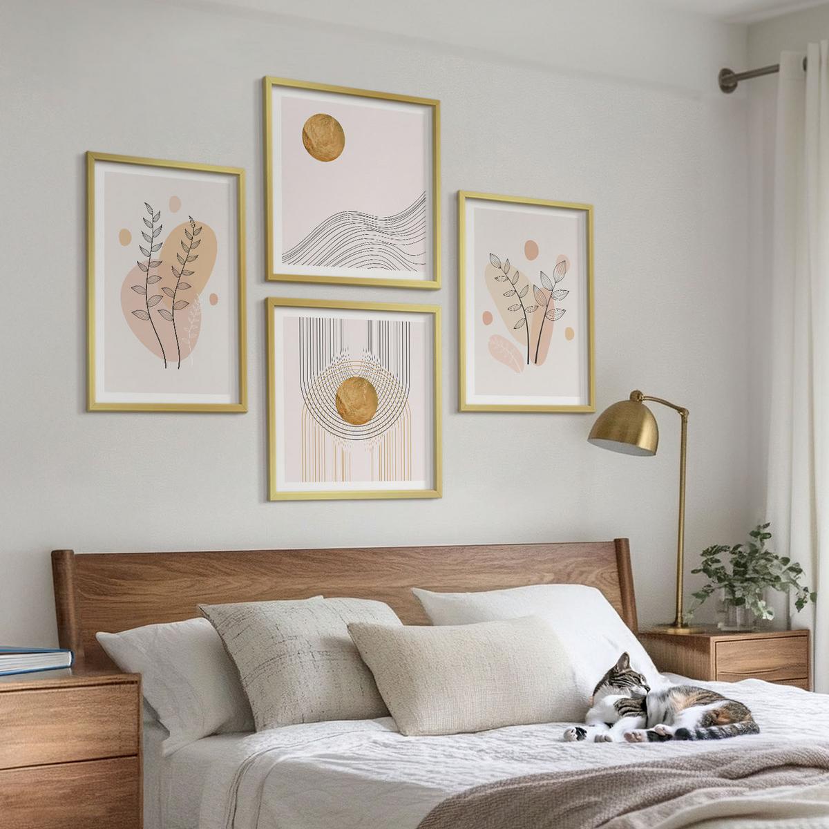 BILDER SET 4er Set - 50x50 cm & 40x60 cm Goldrahmen - Minimalistische Pflanzenzeichnungen - Goldfarben, Kunststoff (50/50cm) - TULUP