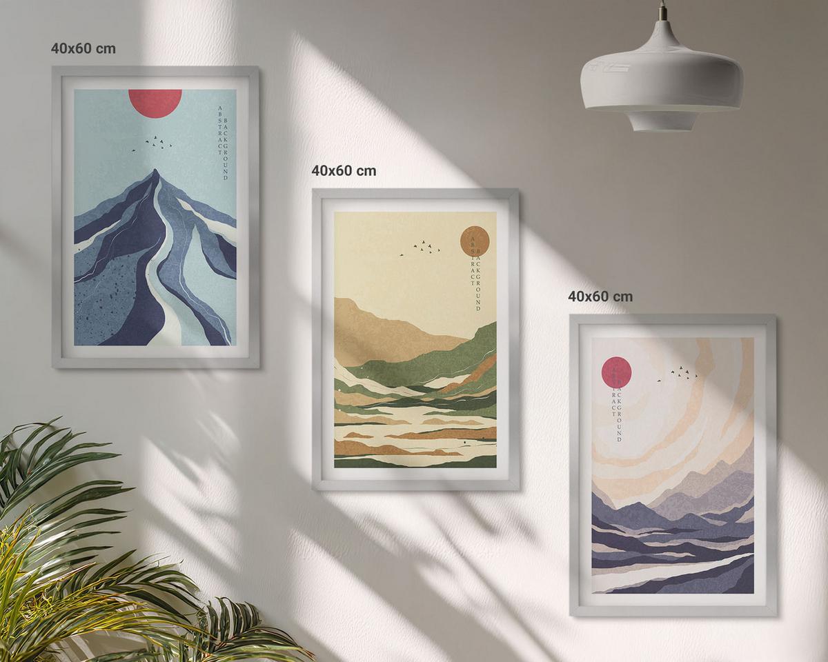 BILDER SET 3er Set - 40x60 cm Silberner Rahmen - Pastellfarbene Berge im Japandi-Stil - Silberfarben, Kunststoff (40/60cm) - TULUP