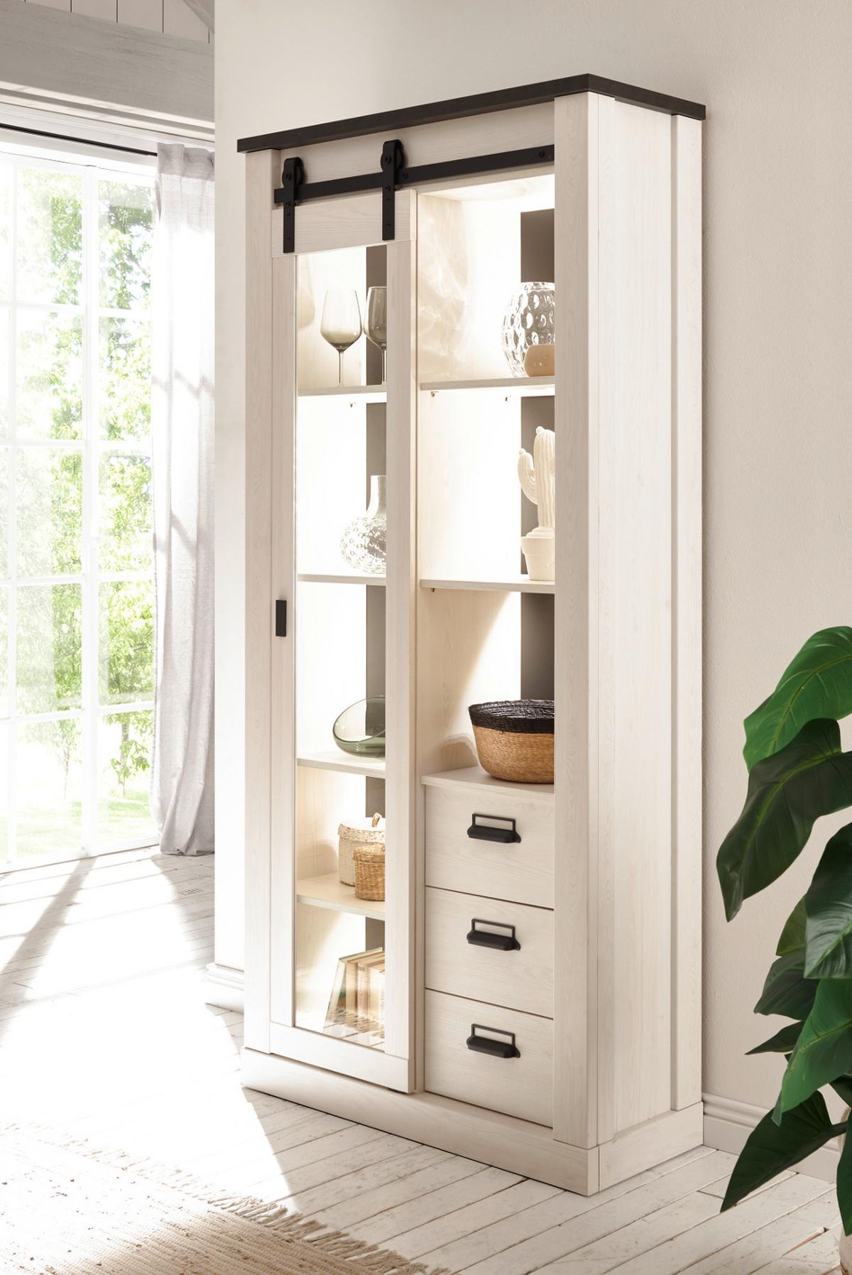 VITRINE weiß Pinie, anthrazit, Landhaus, Vitrinenschrank 93 x 201 cm - Anthrazit/Weiß, Holzwerkstoff/Metall (93/201/38cm) - Furn.Design