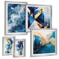 BILDER SET 5er Set - 50x50 cm & 20x30 cm & 40x60 cm Silberner Rahmen - Blaue abstrakte Muster - Silberfarben, Kunststoff (40/60cm) - TULUP