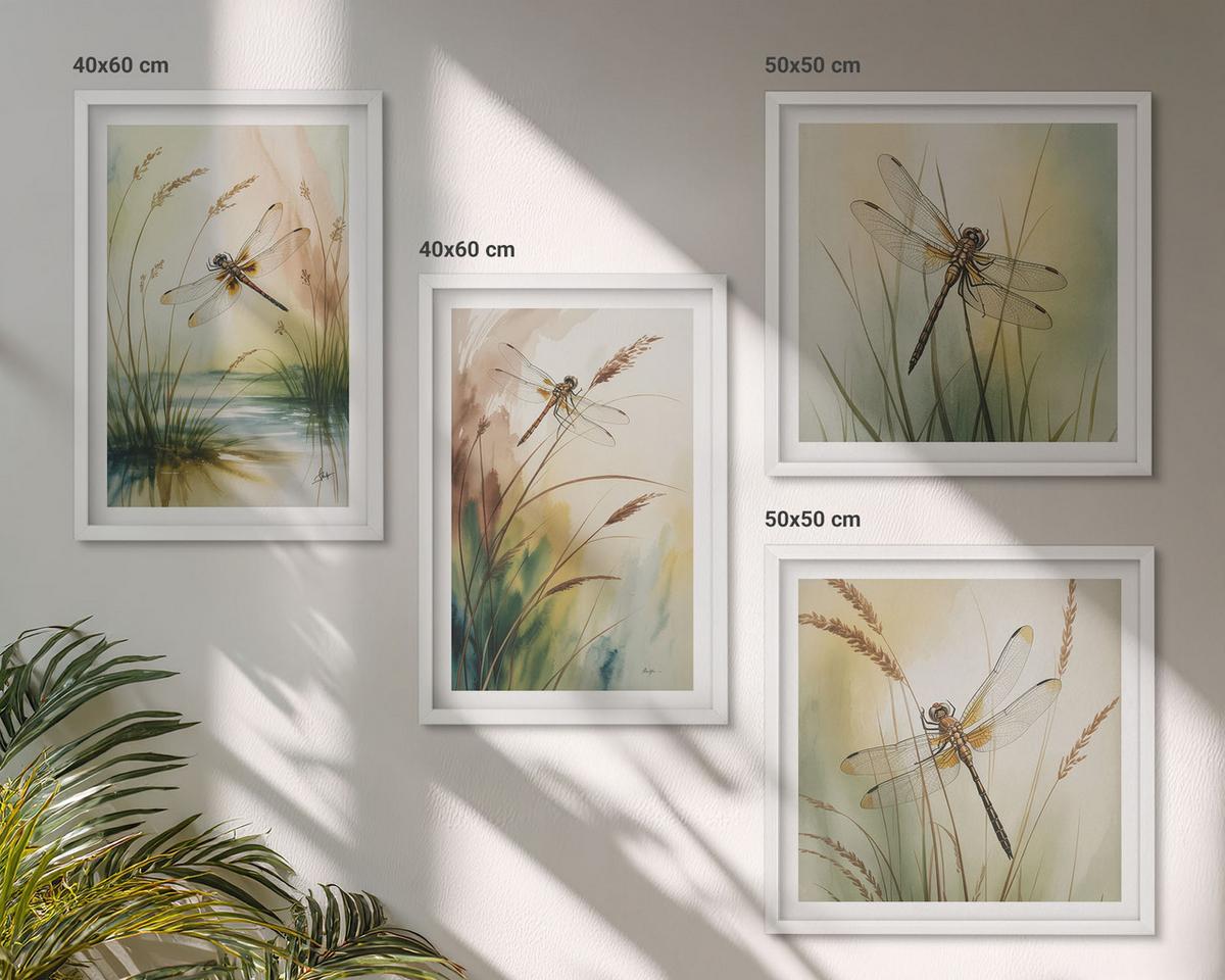 BILDER SET 4er Set - 50x50 cm & 40x60 cm Weißer Rahmen - Libellen im Gras, Wassermalerei - Weiß, Kunststoff (50/50cm) - TULUP