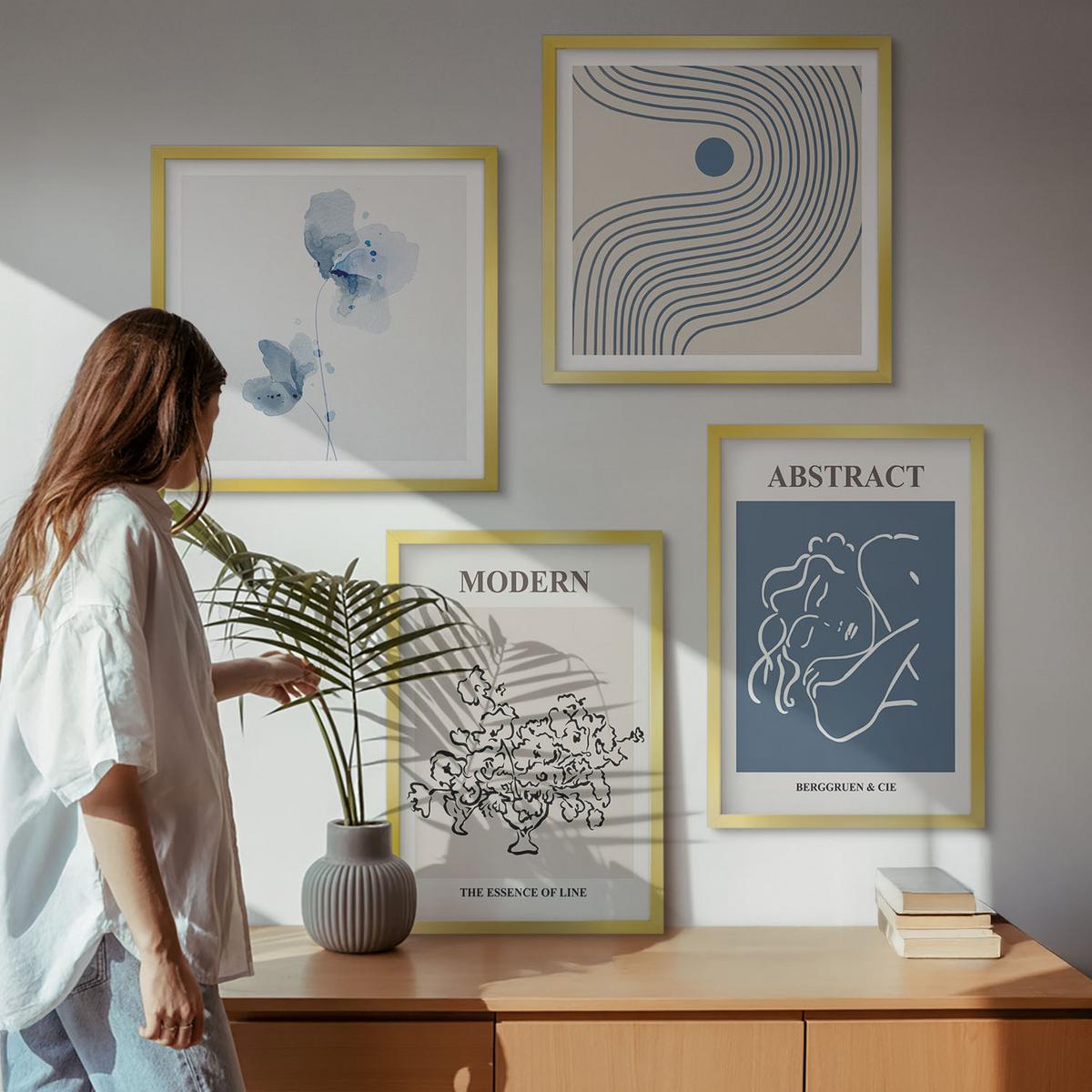 BILDER SET 4er Set - 50x50 cm & 40x60 cm Goldrahmen - abstrakte Poster mit Blumenlinien - Goldfarben, Kunststoff (50/50cm) - TULUP