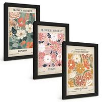 BILDER SET 3er Set - 20x30 cm Schwarzer Rahmen - Blumenmuster London Tokio Amsterdam - Schwarz, Kunststoff (20/30cm) - TULUP
