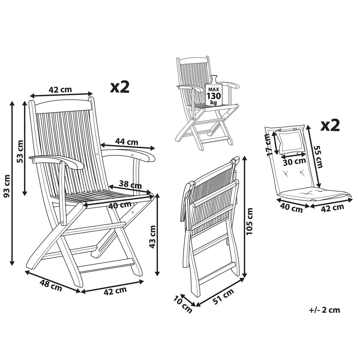 GARTENSTUHL 2er-Set Akazienholz hellbraun Auflagen cremeweiß Maui - Hellbraun/Creme, Holz (42/93/48cm) - Beliani