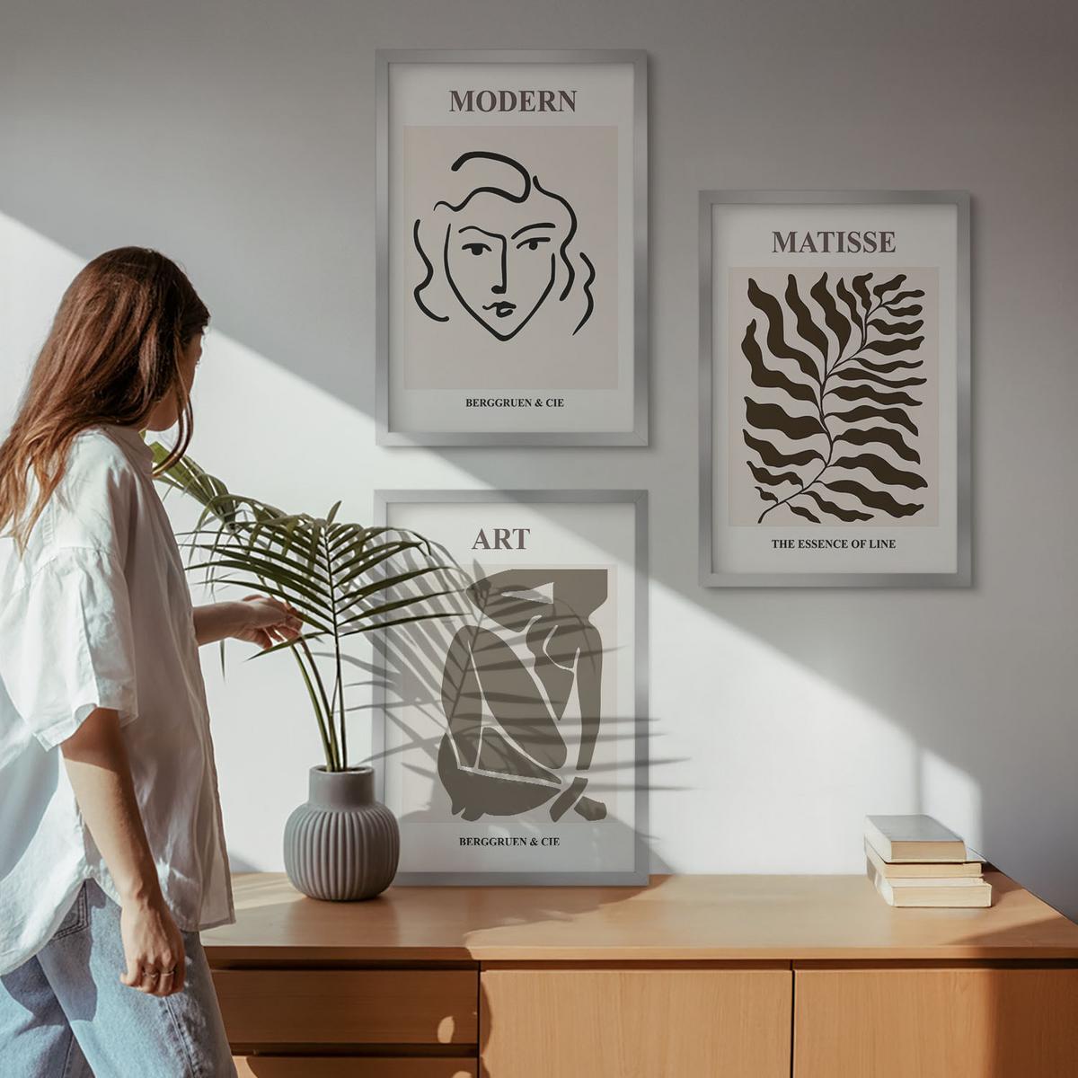 BILDER SET 3er Set - 40x60 cm Silberner Rahmen - Stilvolle Grafiken, Linien, Zeichen - Silberfarben, Kunststoff (40/60cm) - TULUP