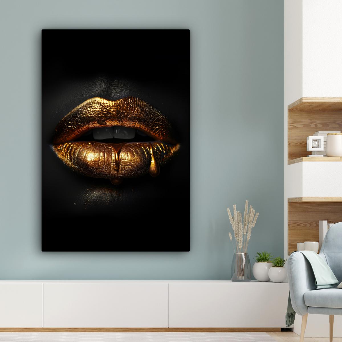 LEINWANDBILD Frau - Porträt - Lippen - Gold - Schwarz Deko Groß 90x140 cm - Schwarz, Textil (90/140cm) - MuchoWow