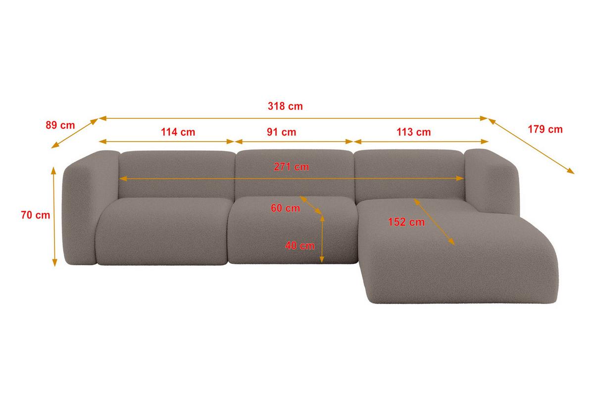 ECKSOFA Ottomane Rechts MIRA-L2 318x179x89 Braun Bouclé - Dunkelbraun/Schwarz, Holzwerkstoff/Kunststoff (318/179cm) - ALTDECOR