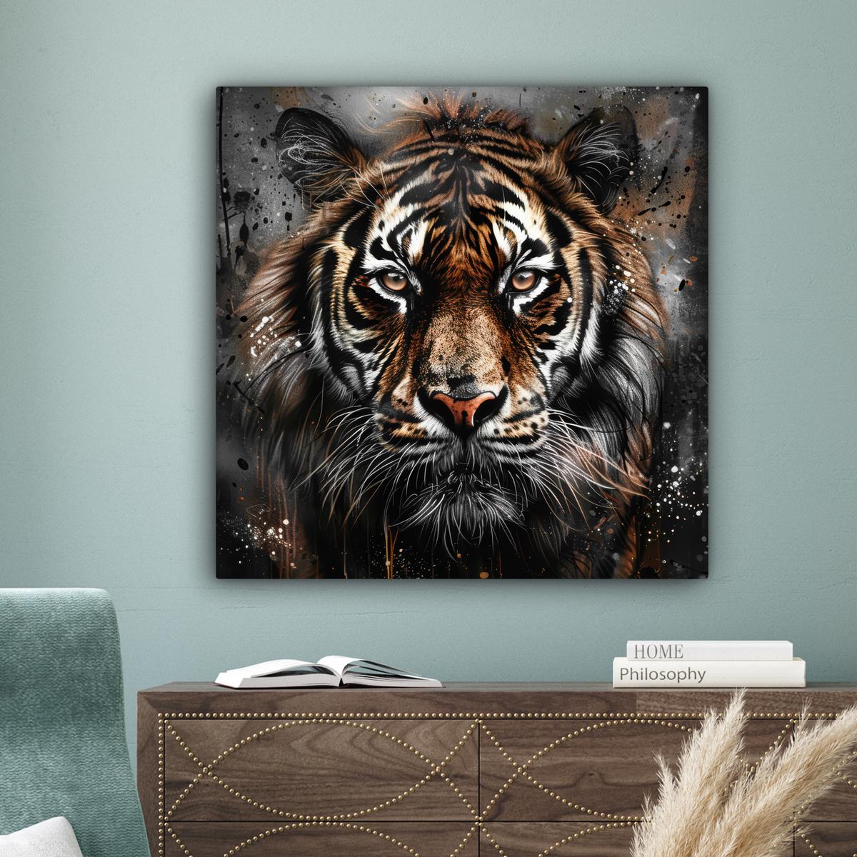 LEINWANDBILD Tiger - Tiere - Porträt - Luxus - Schwarz Deko Groß 90x90 cm - Anthrazit, Textil (90/90cm) - MuchoWow
