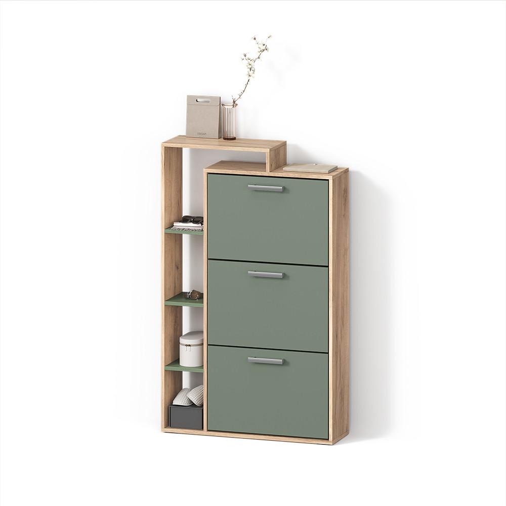 SCHUHKIPPER Ortello Goldkraft Eiche/Grün 80 x 128.3 cm mit 3 Fächern - Honigeiche/Grün, Holzwerkstoff (80/128.3/24.2cm) - Livinity®