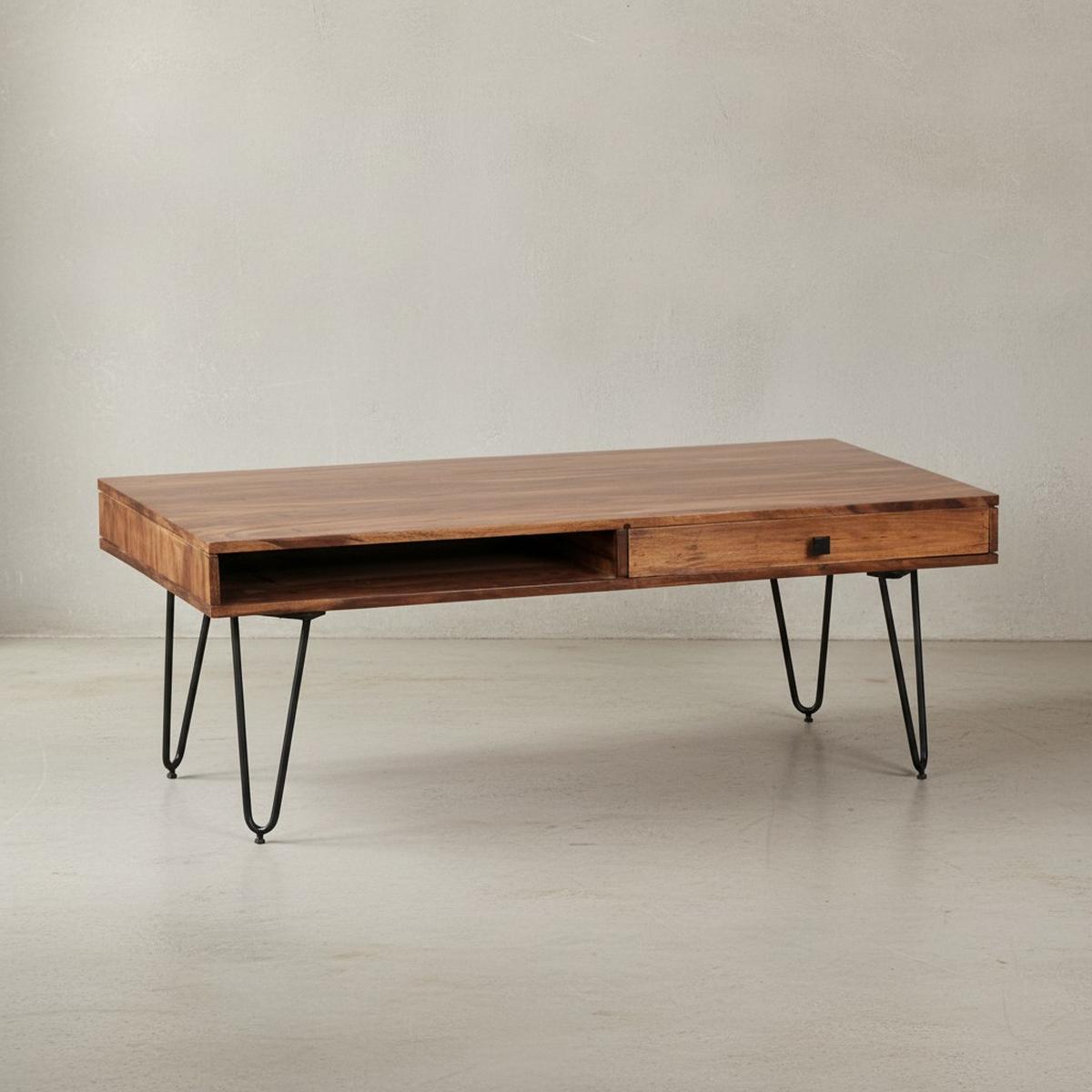COUCHTISCH BALU mit Schubfächern aus Massivholz und Metallfüßen, leichter Aufbau, Braun 110x60x40 cm - Schwarz/Braun, Holz/Metall (60/110/40cm) - KADIMA DESIGN
