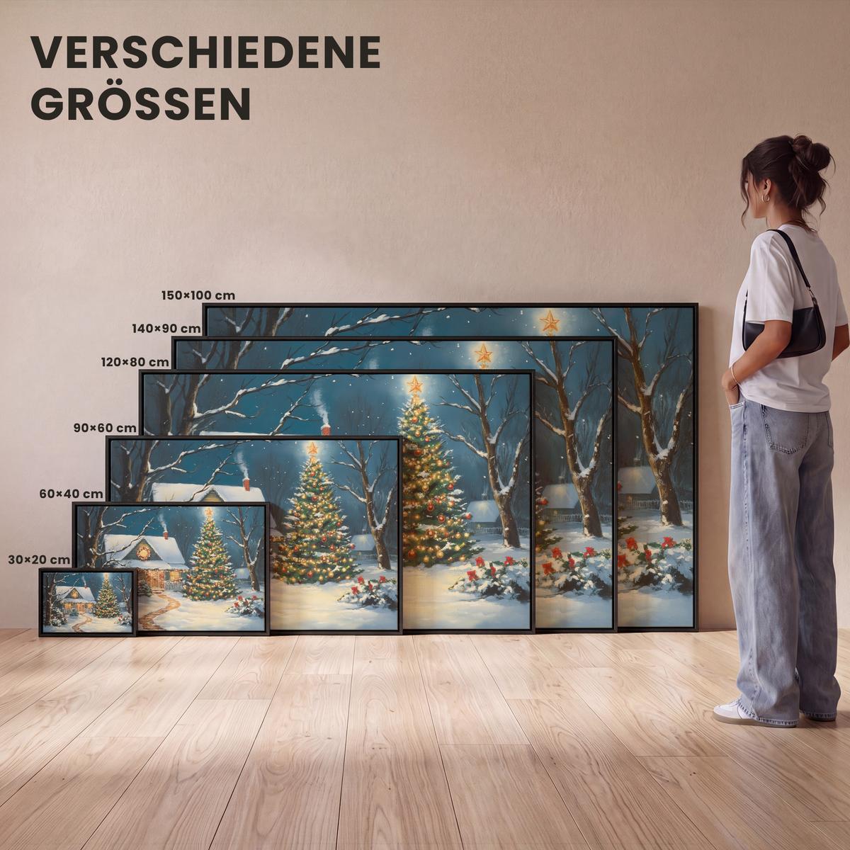 LEINWAND Bilder mit Rahmen - Weihnachten - Weihnachtsbaum - Winter - Zuhause - Schnee - 140x90 - Smaragdgrün, Textil (140/90cm) - MuchoWow