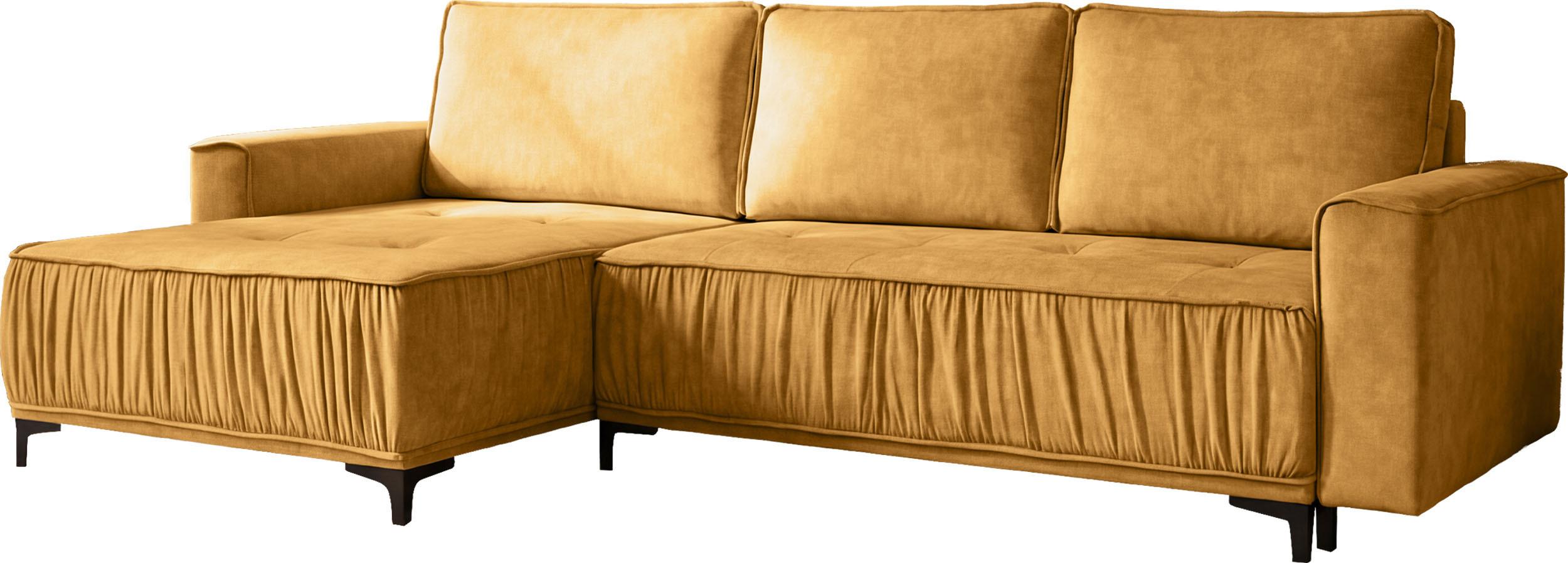 ECKSOFA Velora mit Schlaffunktion & Stauraum, Universell Rechts/Links, Senfgelb Samt 270/92/150 cm - Dunkelgelb/Schwarz, Textil/Metall (270/150cm) - WFL GROUP