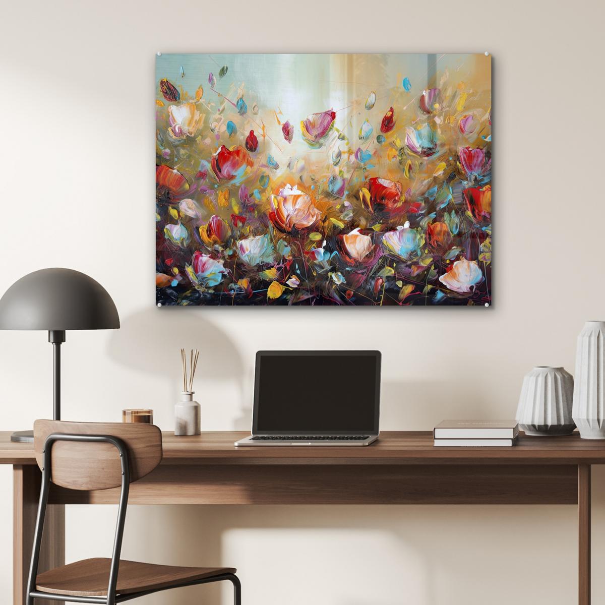 ACRYLGLASBILD Blumen - Kunst - Natur - Ölgemälde 80x60 cm - Multicolor, Glas (80/60cm) - MuchoWow