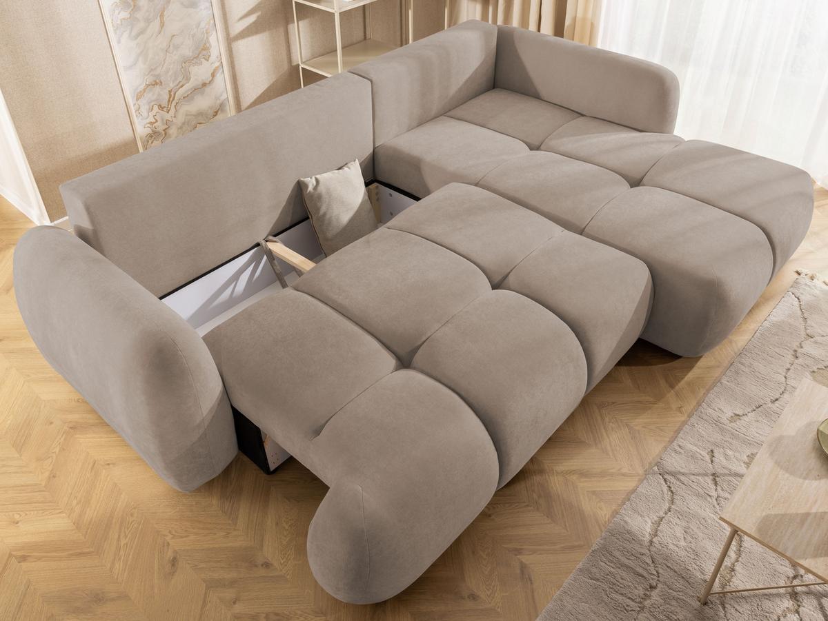 ECKSOFA Loretto aus natürlichem Greige Webstoff mit Schlaffunktion, Bettkasten und tiefen Steppungen in Bubble-Optik - Greige/Schwarz, Holz/Kunststoff (275/180cm) - S-Style
