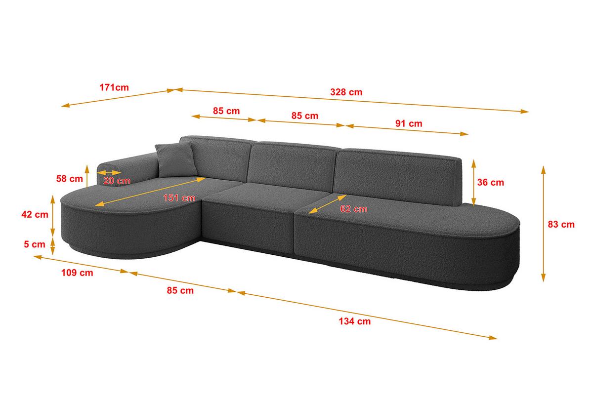 ECKSOFA Ottomane Links MARI-L2-v3 - 328x171x83 cm Grau Bouclé - Schwarz/Grau, Holzwerkstoff/Kunststoff (328/171cm) - ALTDECOR