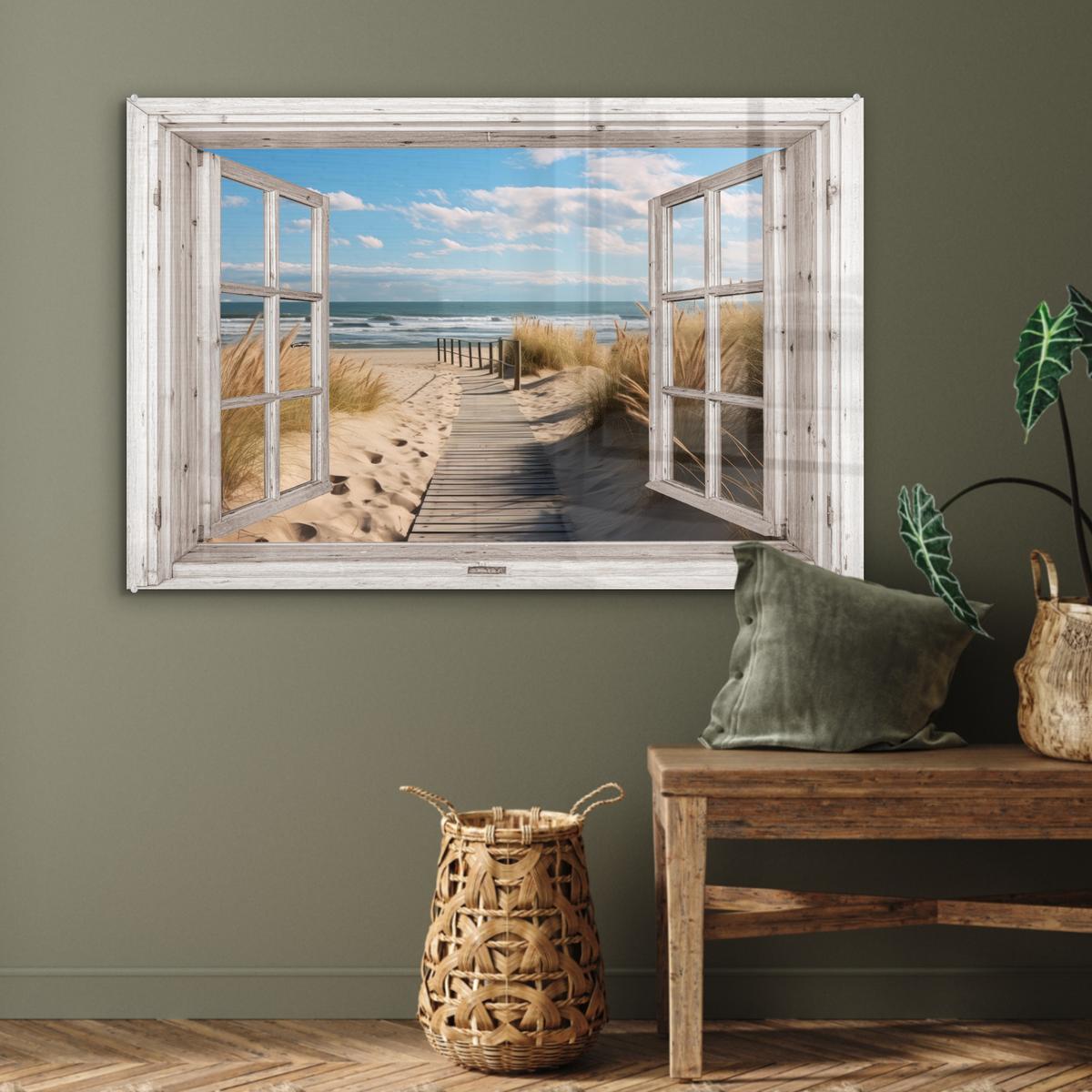 ACRYLGLASBILD Fenster - Meer - Küste - Natur - Ausblick - Strand - Wattenmeer Wandbild Schlafzimmer 120x80 cm - Beige, Glas (120/80cm) - MuchoWow