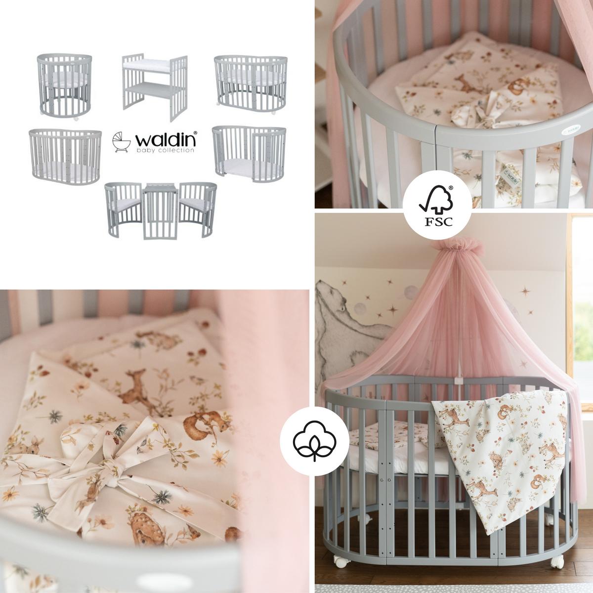 BABYBETT GREY OVAL 7in1 mit Matratze und Himmelset - Rosa/Grau, Holz/Textil (73/125cm) - waldin
