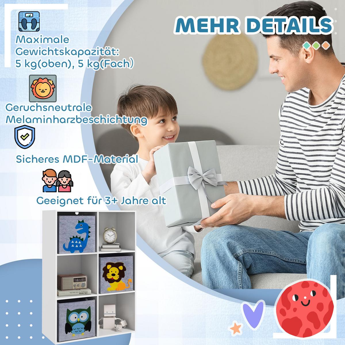 KINDERREGAL Kinder Bücherregal mit 3 Aufbewahrungsboxen für Kinderzimmer Weiß - Weiß, Holzwerkstoff (29.9/91.5/61.8cm) - ZONEKIZ
