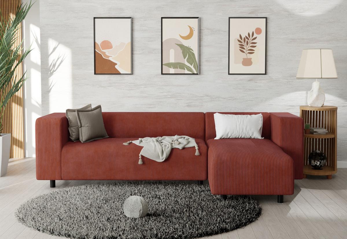 ECKSOFA Tove Terrakotta Cord - Ottomane rechts - Terracotta/Schwarz, Holz/Kunststoff (240/142cm) - S-Style Möbel