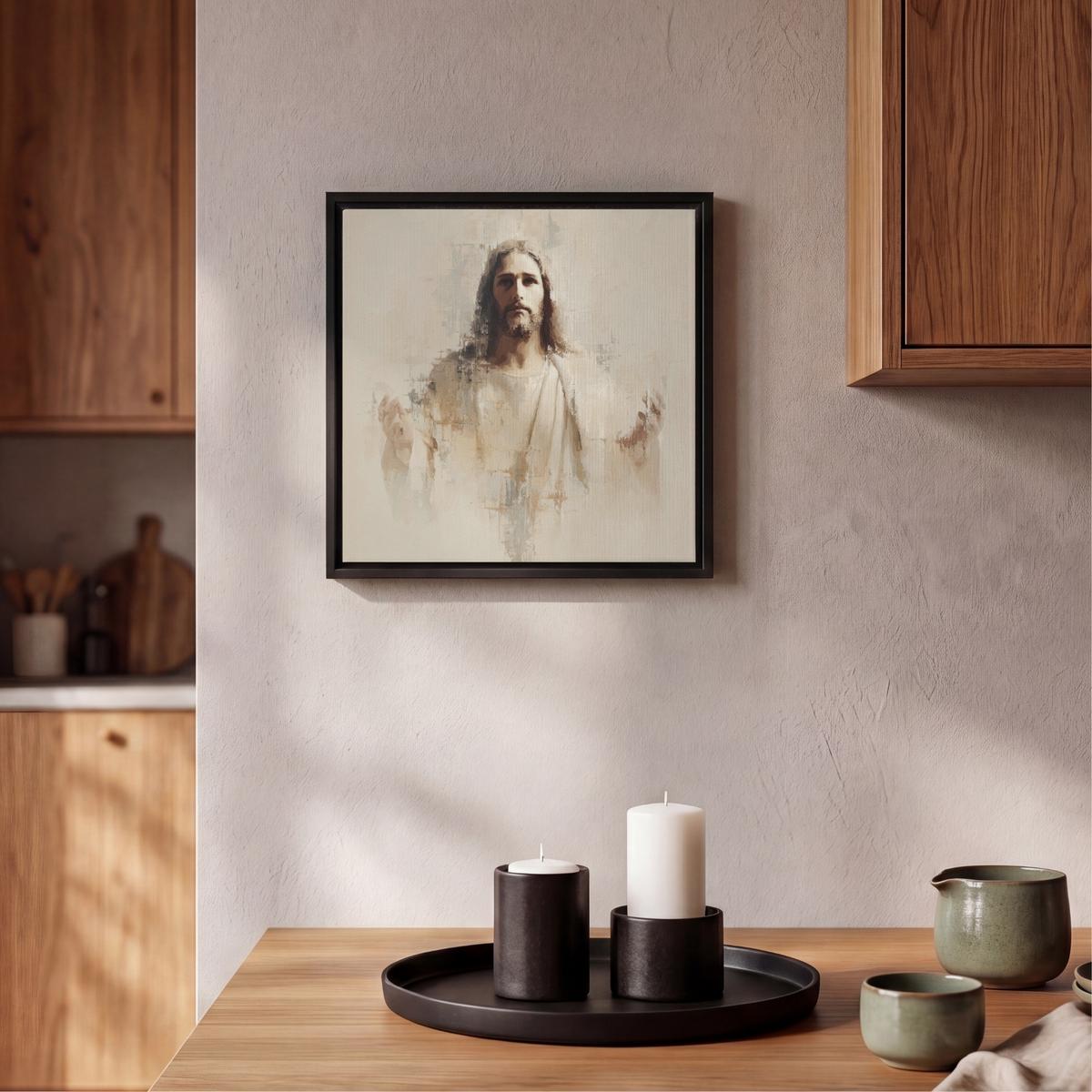 LEINWAND Bilder mit Rahmen - Porträt - Abstrakt - Jesus - Beige - 20x20 - Beige, Textil (20/20cm) - MuchoWow