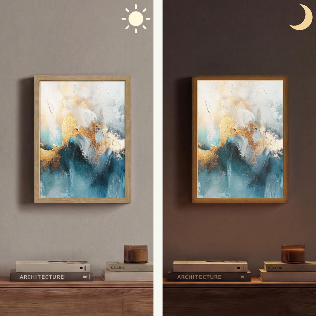 WANDLEUCHTE MIT AKKU Abstrakt - Kunst - Gold - Blau 30x40 cm - Türkis, Holzwerkstoff (30/40/8cm) - OnlyWow