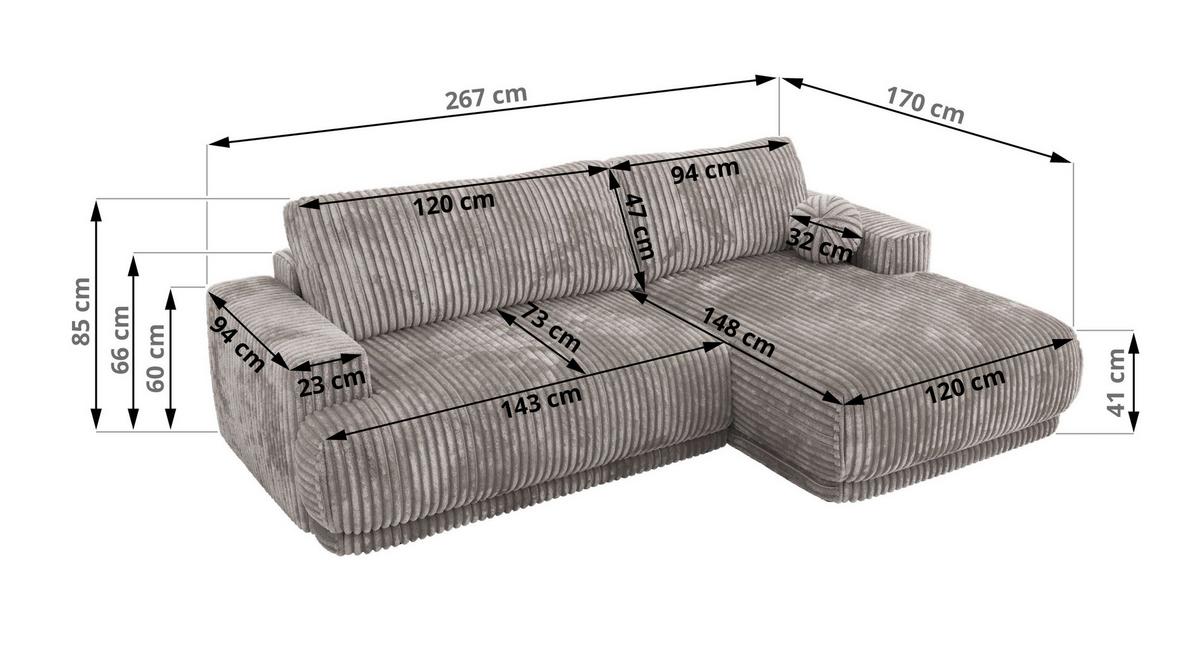 ECKSCHLAFSOFA RINA L Hellgrau Cord - links - Hellgrau/Schwarz, Kunststoff/Textil (267/170cm) - MKS