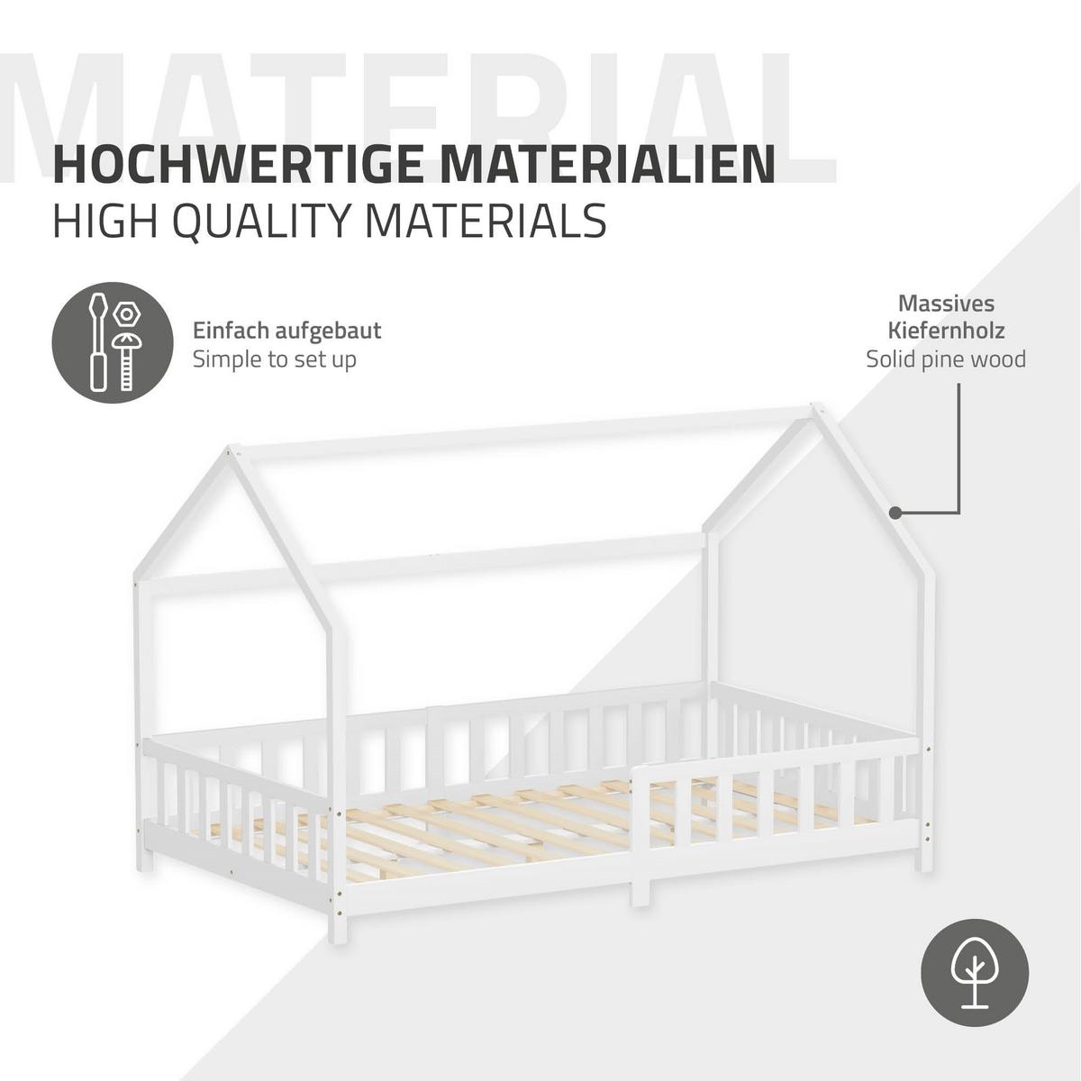 KINDERBETT 120x200 cm mit Rausfallschutz Weiß aus massivem Kiefernholz - Weiß, Holz (120/200cm) - ML-DESIGN