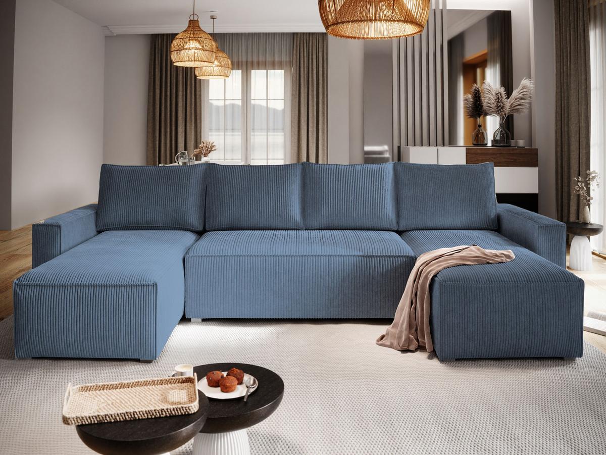 WOHNLANDSCHAFT ASPRA Blau Kordstoff mit Schlaffunktion - Blau/Grau, Holz/Kunststoff (295/85/140cm) - MASSENO