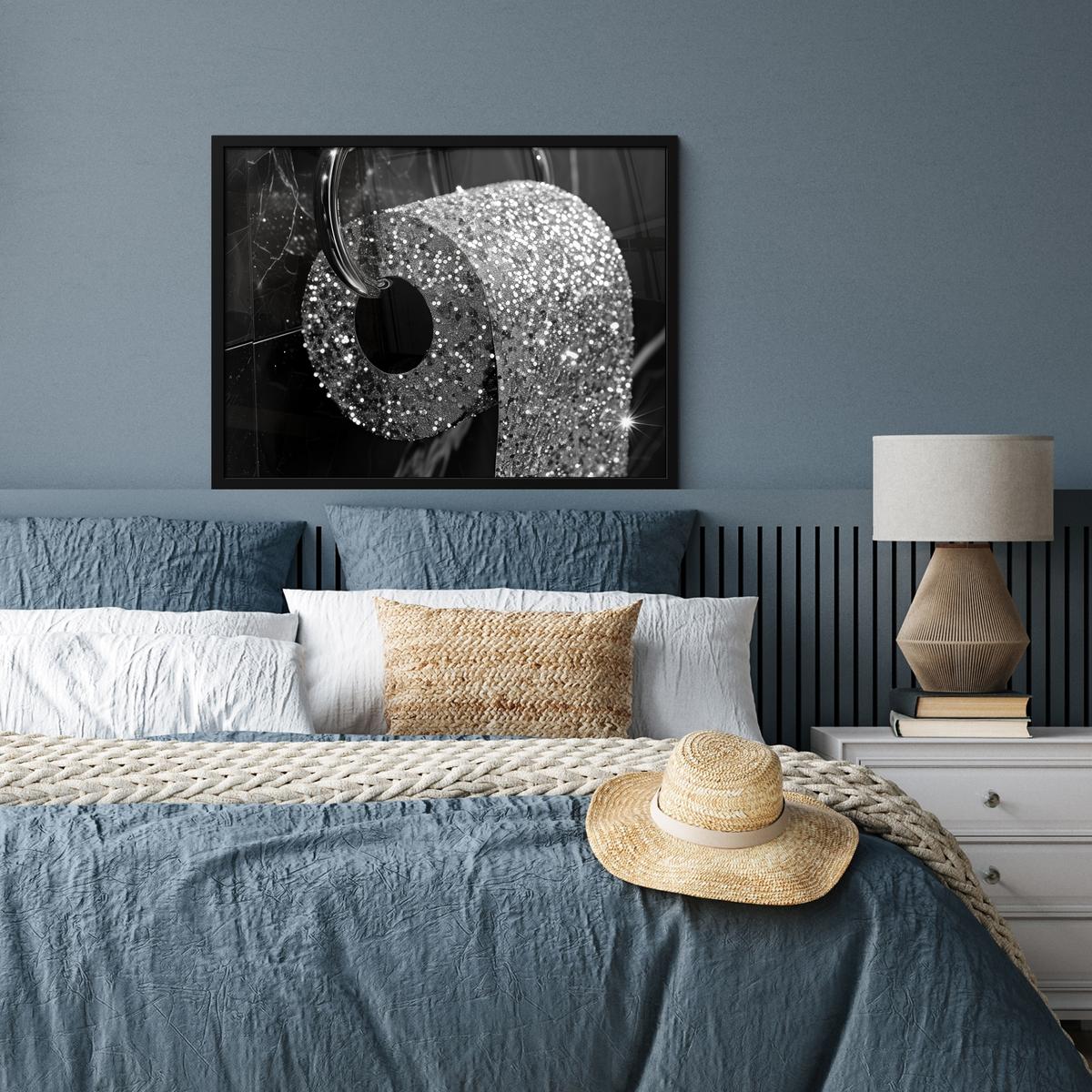 POSTER MIT RAHMENGERAHMTES BILD WC - Toilettenpapier - Schwarz und weiß - Glitter 80x60 cm - Silberfarben, Papier (80/60cm) - MuchoWow