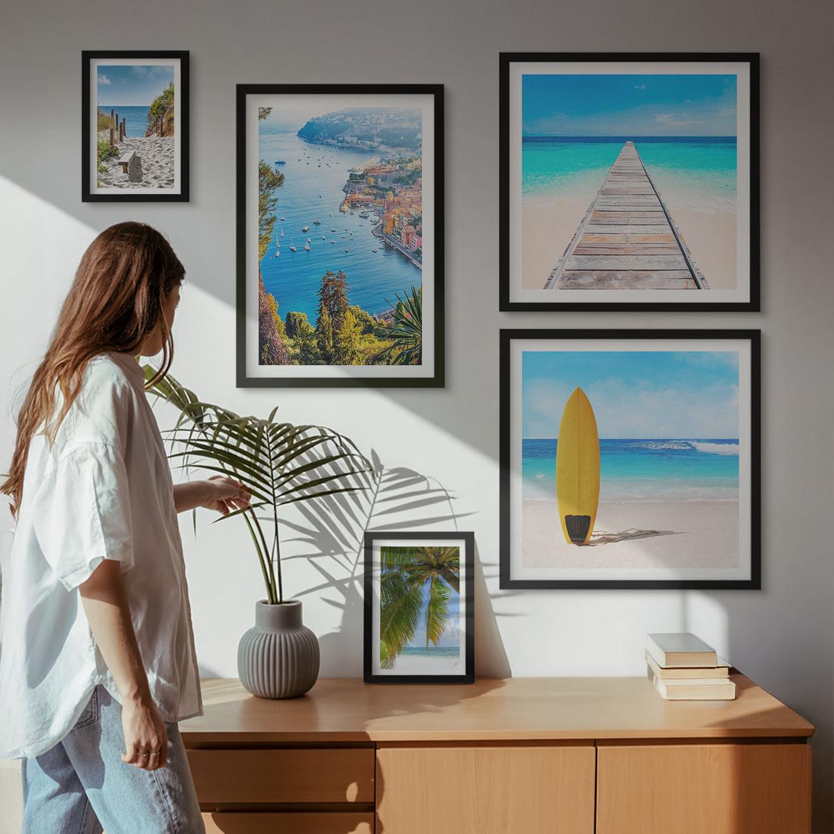 BILDER SET 5er Set - 50x50 cm & 20x30 cm & 40x60 cm Schwarzer Rahmen - Urlaubsblick Strand Palmen - Schwarz, Kunststoff (40/60cm) - TULUP