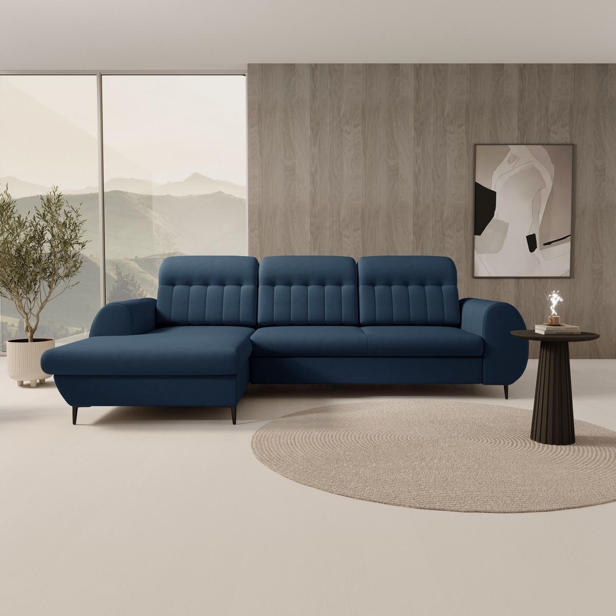 ECKSOFA PURO L-S Dunkelblau Plüsch-Stoff mit Schlaffunktion - Dunkelblau, Holz (275/166cm) - MASSENO