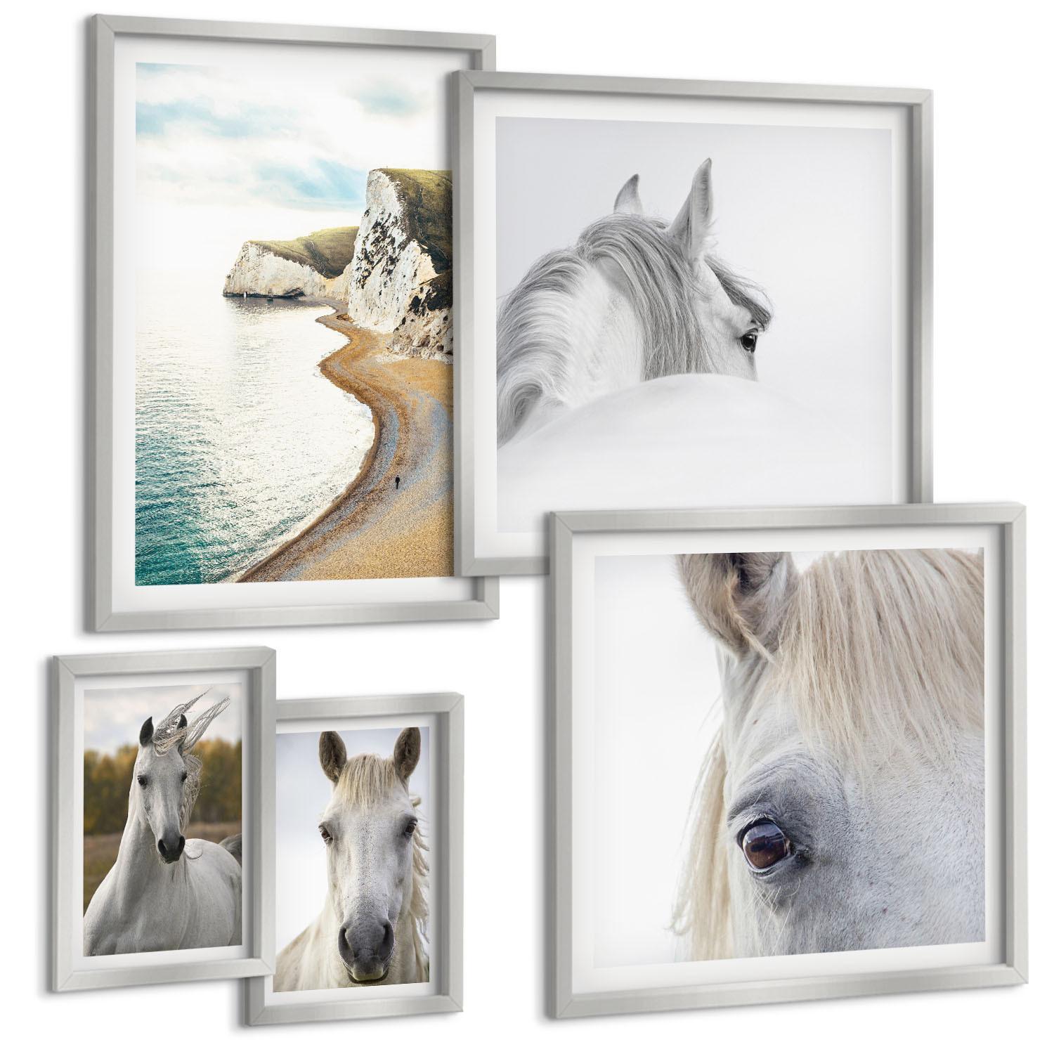 BILDER SET 5er Set - 50x50 cm & 20x30 cm & 40x60 cm Silberner Rahmen - Kontrastierende abstrakte Porträts - Silberfarben, Kunststoff (40/60cm) - TULUP