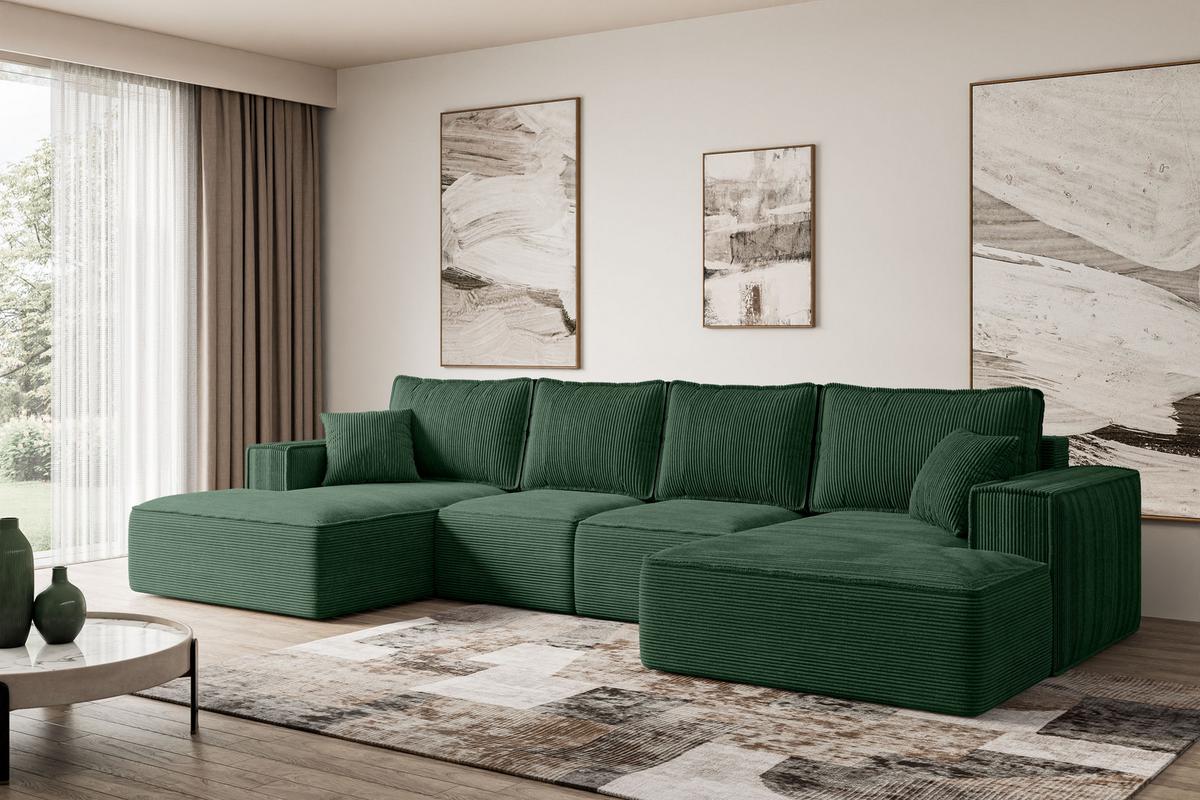 WOHNLANDSCHAFT mit Schlaffunktion und Bettkasten SIERRA-U-S - 349x161x87 cm Grün Cord - Schwarz/Grün, Holzwerkstoff/Kunststoff (349/87/161cm) - ALTDECOR